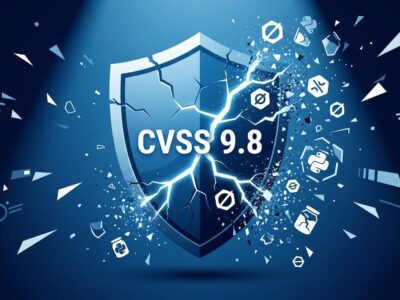 Cracked security shield with CVSS 9.8 rating and ZeroMQ socket symbols fragmenting - LMCache RCE vulnerability CVE-2026-105192