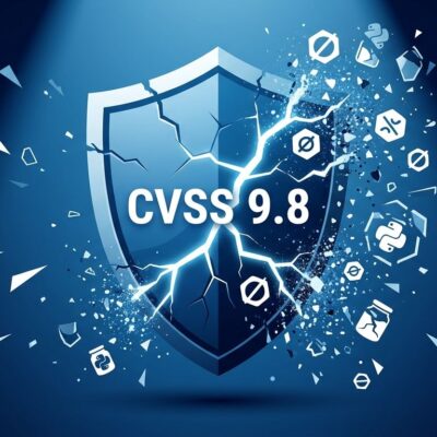 Cracked security shield with CVSS 9.8 rating and ZeroMQ socket symbols fragmenting - LMCache RCE vulnerability CVE-2026-105192