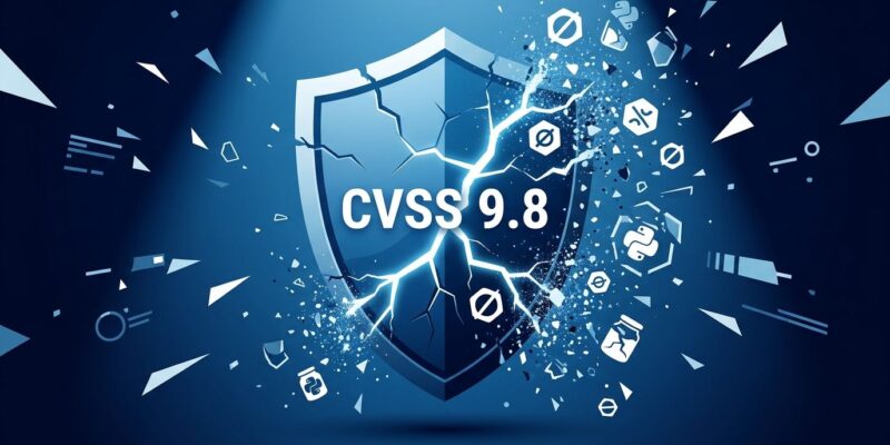Cracked security shield with CVSS 9.8 rating and ZeroMQ socket symbols fragmenting - LMCache RCE vulnerability CVE-2026-105192