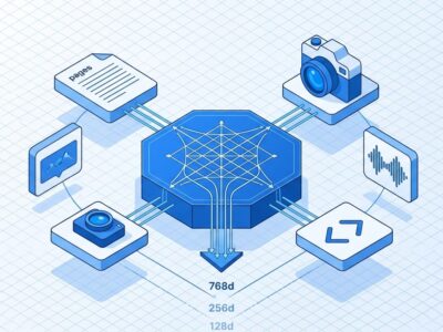 Isometric illustration of EmbeddingGemma 2 modular encoder architecture with text, image, audio, and code inputs converging to shared vector space