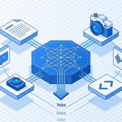 Isometric illustration of EmbeddingGemma 2 modular encoder architecture with text, image, audio, and code inputs converging to shared vector space