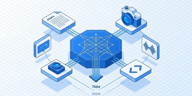 Isometric illustration of EmbeddingGemma 2 modular encoder architecture with text, image, audio, and code inputs converging to shared vector space