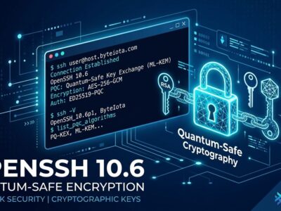OpenSSH 10.6 SSH terminal with post-quantum cryptography key symbols