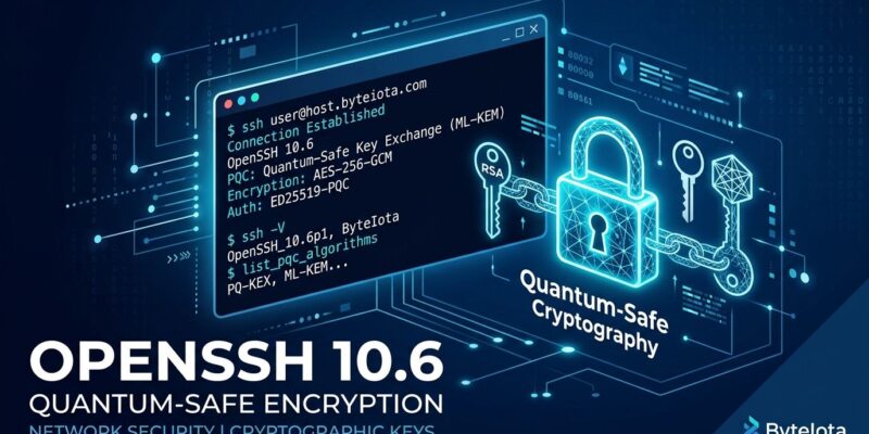 OpenSSH 10.6 SSH terminal with post-quantum cryptography key symbols