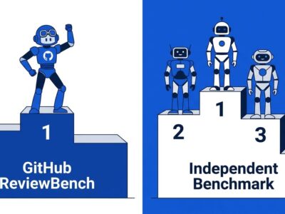 Split leaderboard comparison showing GitHub Copilot ranked 1st on GitHub's own ReviewBench versus 5th on Martian's independent code review benchmark