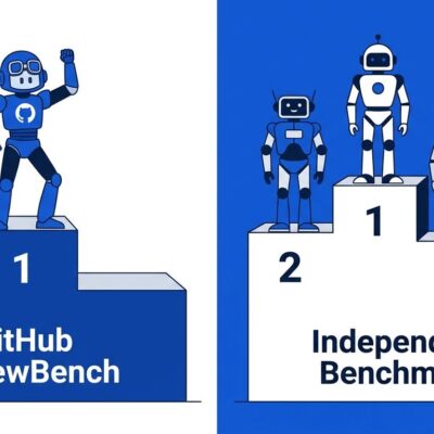 Split leaderboard comparison showing GitHub Copilot ranked 1st on GitHub's own ReviewBench versus 5th on Martian's independent code review benchmark