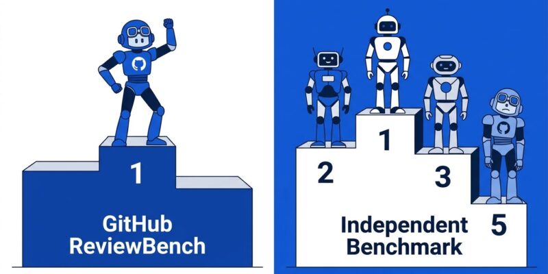 Split leaderboard comparison showing GitHub Copilot ranked 1st on GitHub's own ReviewBench versus 5th on Martian's independent code review benchmark