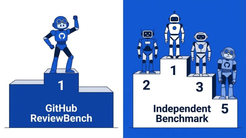 Split leaderboard comparison showing GitHub Copilot ranked 1st on GitHub's own ReviewBench versus 5th on Martian's independent code review benchmark