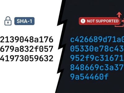 Split-screen illustration showing SHA-1 hash on the left versus SHA-256 hash blocked by GitHub on the right, representing Git 3.0 migration controversy