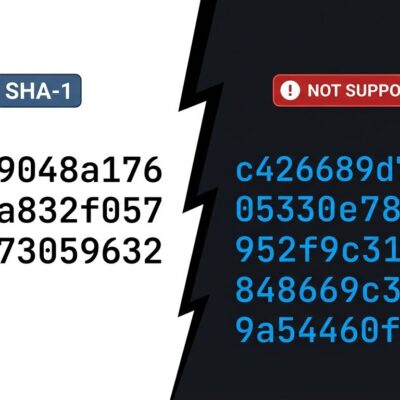 Split-screen illustration showing SHA-1 hash on the left versus SHA-256 hash blocked by GitHub on the right, representing Git 3.0 migration controversy