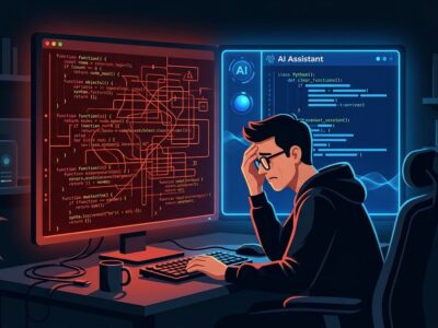 Developer looking at tangled AI-generated code on screen, contrasted with clean code on the right — illustrating the debugging challenge of AI-written code