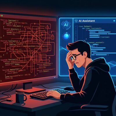 Developer looking at tangled AI-generated code on screen, contrasted with clean code on the right — illustrating the debugging challenge of AI-written code