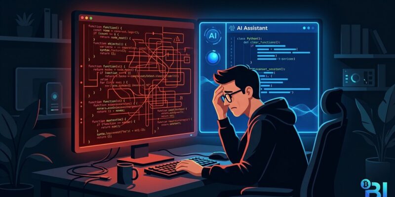 Developer looking at tangled AI-generated code on screen, contrasted with clean code on the right — illustrating the debugging challenge of AI-written code