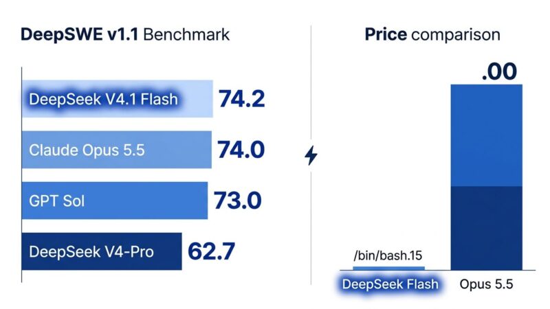 Bar chart comparing DeepSWE v1.1 benchmark scores and API pricing for DeepSeek V4.1 Flash, Claude Opus 5.5, GPT Sol, and DeepSeek V4-Pro