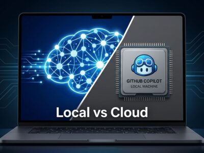 GitHub Copilot HydraFusion routing: local MAI Code 1.1 Flash inference vs cloud model on split laptop screen