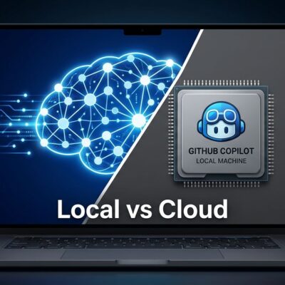 GitHub Copilot HydraFusion routing: local MAI Code 1.1 Flash inference vs cloud model on split laptop screen
