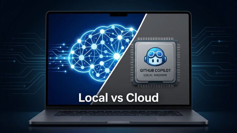 GitHub Copilot HydraFusion routing: local MAI Code 1.1 Flash inference vs cloud model on split laptop screen