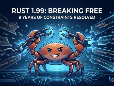 Rust Ferris crab mascot with breaking chains representing C-variadic functions finally stable in Rust 1.99