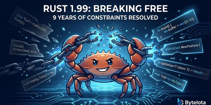Rust Ferris crab mascot with breaking chains representing C-variadic functions finally stable in Rust 1.99