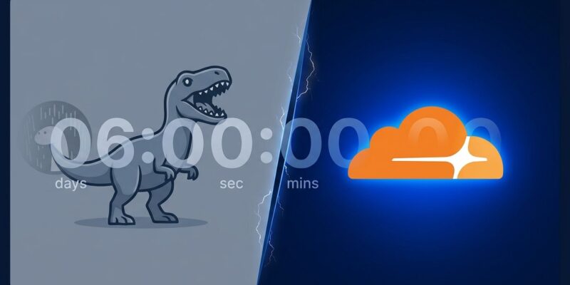Split-screen showing Deno runtime logo fading and Cloudflare Workers logo dominant, representing Deno team joining Cloudflare