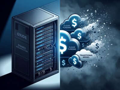 Server rack representing Oxide Computer on-premise cloud infrastructure with cloud icons dissolving, blue and white tech aesthetic