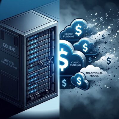Server rack representing Oxide Computer on-premise cloud infrastructure with cloud icons dissolving, blue and white tech aesthetic