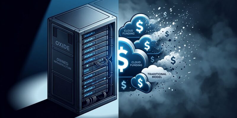 Server rack representing Oxide Computer on-premise cloud infrastructure with cloud icons dissolving, blue and white tech aesthetic