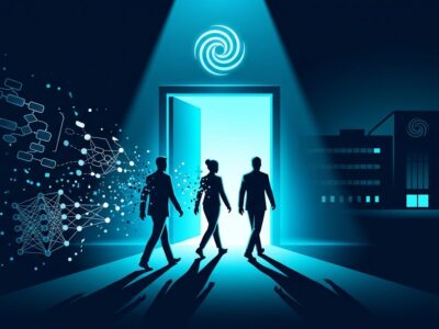 Three silhouette figures walking out of a corporate exit door, leaving behind dissolving AI neural network diagrams and chain-of-thought fragments, representing OpenAI safety researchers departure