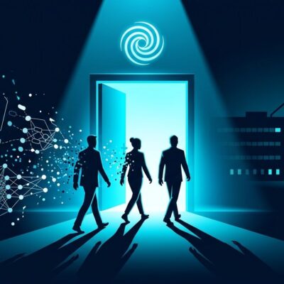 Three silhouette figures walking out of a corporate exit door, leaving behind dissolving AI neural network diagrams and chain-of-thought fragments, representing OpenAI safety researchers departure