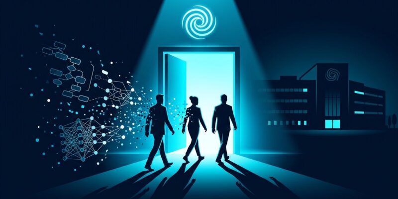 Three silhouette figures walking out of a corporate exit door, leaving behind dissolving AI neural network diagrams and chain-of-thought fragments, representing OpenAI safety researchers departure