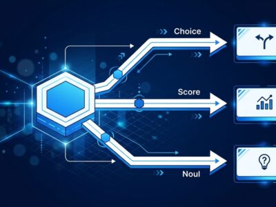 Geometric decision routing diagram showing TypeSafe AI Jev typed decision architecture with choice and score branches