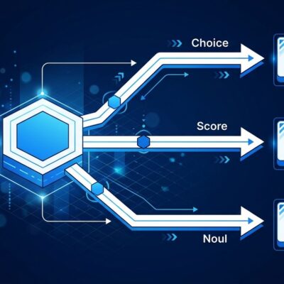 Geometric decision routing diagram showing TypeSafe AI Jev typed decision architecture with choice and score branches