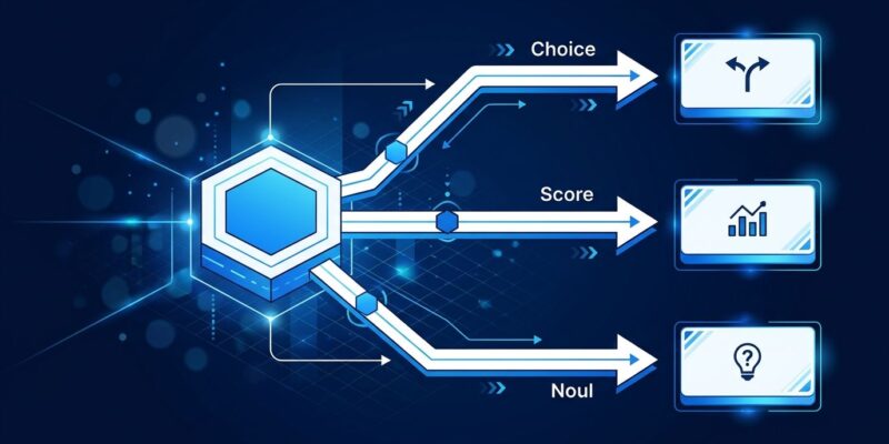 Geometric decision routing diagram showing TypeSafe AI Jev typed decision architecture with choice and score branches