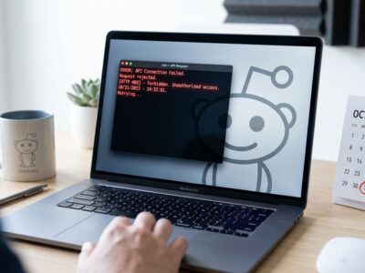 Developer laptop showing a 403 error code with Reddit Snoo logo fading to grey and a calendar marking October 31 in red