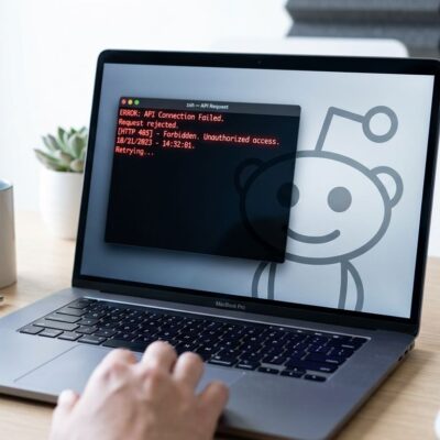 Developer laptop showing a 403 error code with Reddit Snoo logo fading to grey and a calendar marking October 31 in red