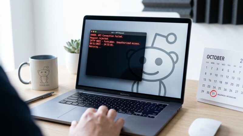 Developer laptop showing a 403 error code with Reddit Snoo logo fading to grey and a calendar marking October 31 in red