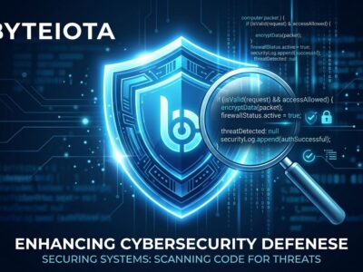 Blue security shield with magnifying glass scanning code lines representing Anthropic OSS Scanner vulnerability detection