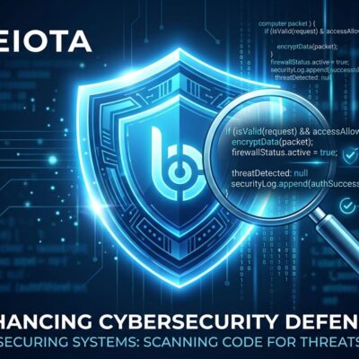 Blue security shield with magnifying glass scanning code lines representing Anthropic OSS Scanner vulnerability detection