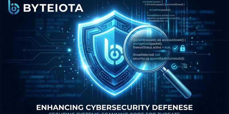 Blue security shield with magnifying glass scanning code lines representing Anthropic OSS Scanner vulnerability detection