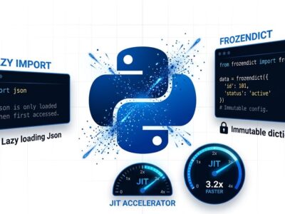 Python 3.15 featured image showing Python logo with lazy imports and frozendict code blocks
