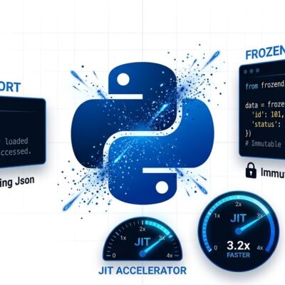Python 3.15 featured image showing Python logo with lazy imports and frozendict code blocks