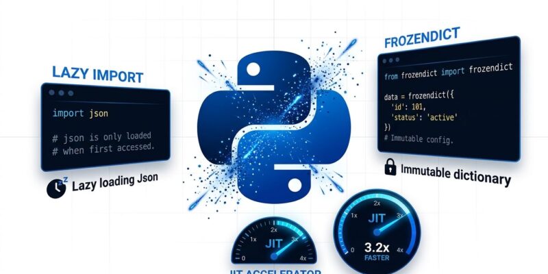 Python 3.15 featured image showing Python logo with lazy imports and frozendict code blocks