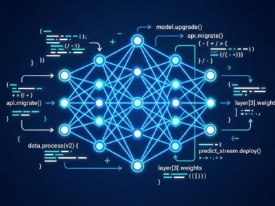 Abstract visualization of AI model neural network nodes and Python API code snippets in blue and white, representing Claude Opus 5.5 API migration