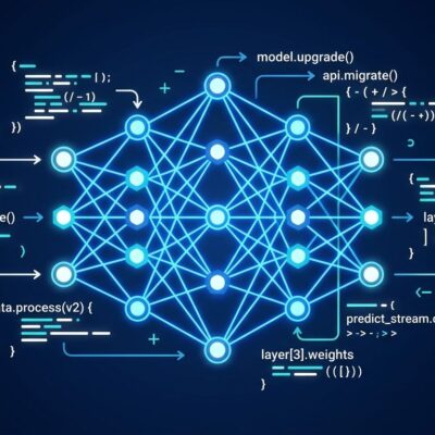 Abstract visualization of AI model neural network nodes and Python API code snippets in blue and white, representing Claude Opus 5.5 API migration