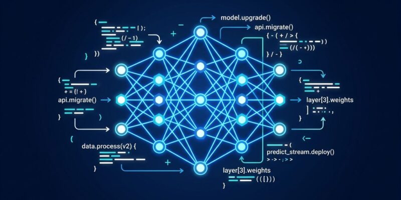 Abstract visualization of AI model neural network nodes and Python API code snippets in blue and white, representing Claude Opus 5.5 API migration