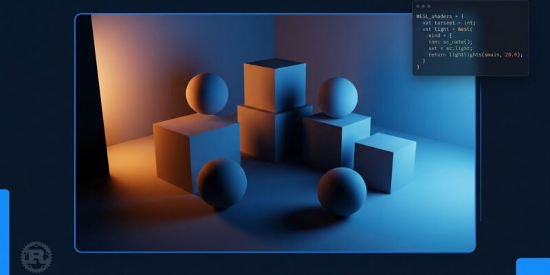 Bevy 0.20 featured image showing path-traced 3D scene with ray tracing light bounces and WESL shader code snippet