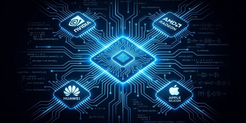 Circuit board with multiple hardware platform icons representing TileLang multi-target kernel compilation for Nvidia CUDA, AMD ROCm, Apple Metal, and Huawei Ascend
