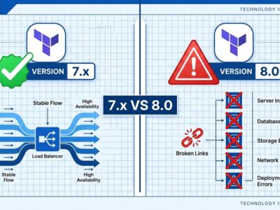 Split-screen comparison of Terraform Google Cloud Provider 7.x versus 8.0 breaking changes including removed resources and load balancer default change