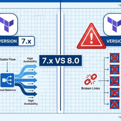 Split-screen comparison of Terraform Google Cloud Provider 7.x versus 8.0 breaking changes including removed resources and load balancer default change