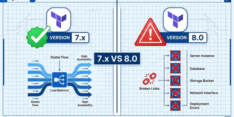 Split-screen comparison of Terraform Google Cloud Provider 7.x versus 8.0 breaking changes including removed resources and load balancer default change